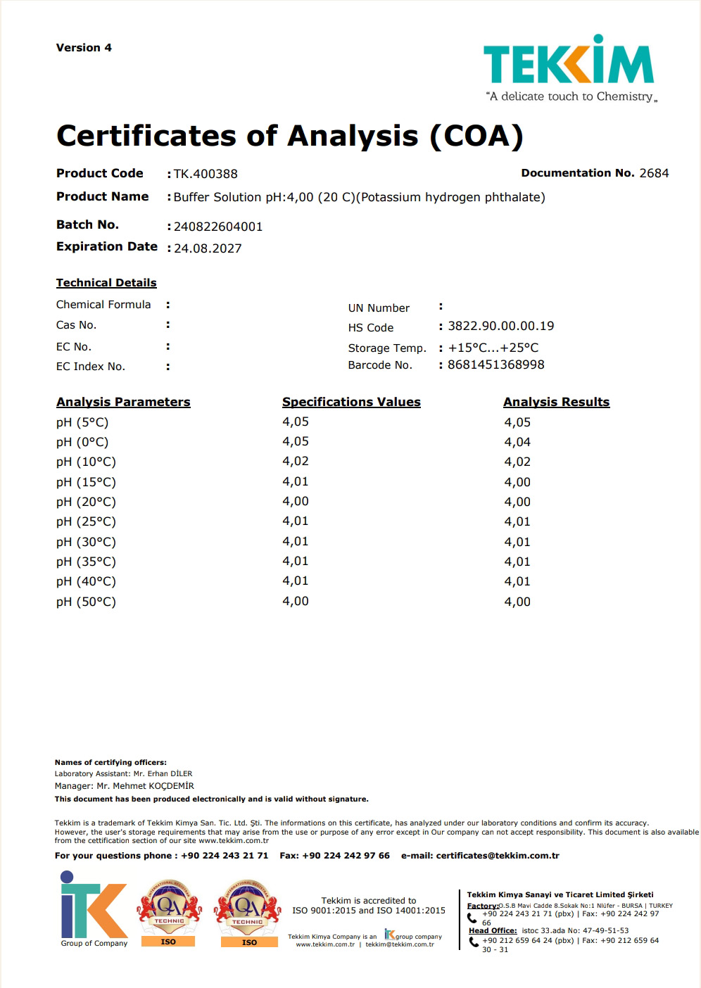 Buffer Solution pH 4,00 COA Tekkim