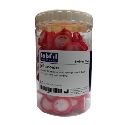 Syringe Filter 25mm PTFE Hydrophobic 0.45um with Outer Ring and Printing