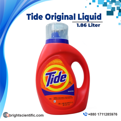 Tide Liquid Detergent Original 1.86L bottle with orange cap, powerful liquid laundry detergent for deep stain removal, fresh scent, and up to 48 loads on a white background.