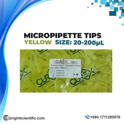 Curex Yellow Pipette Tips 200µL made from virgin polypropylene (PP), disposable laboratory micropipette tips for accurate liquid handling and sample transfer.