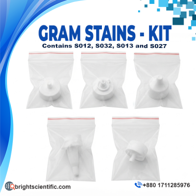 HiMedia Gram Stains Kit containing Crystal Violet, Gram's Iodine, Gram Decolouriser & Safranin for microbiology laboratory use