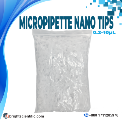 Micropipette Nano Tips (0.2–10µL) clear low-retention pipette tips for accurate liquid handling, PCR, DNA/RNA research, and laboratory applications.