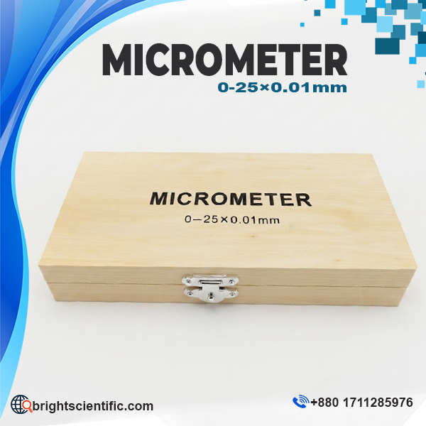 Outside Micrometer/Screw Gauge 0–25 × 0.01mm precision mechanical measuring tool for laboratory and industrial applications.
