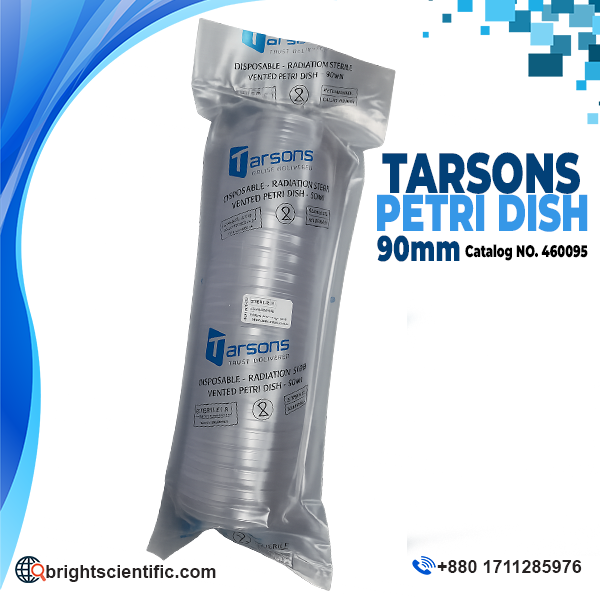 Tarsons Sterile Disposable Petri Dish Triple Vent 90×14mm Code 460095 for microbiology laboratory culture applications.