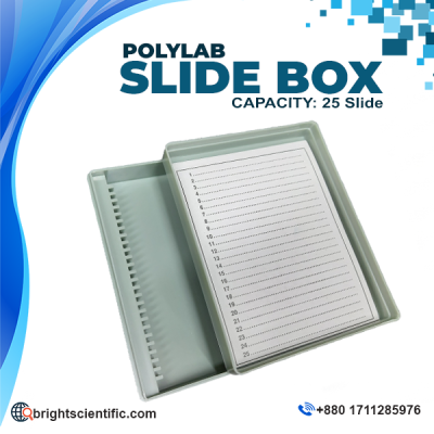 POLYLAB Microscope Slide Storage Box with 25 slide capacity for laboratory and pathology applications.