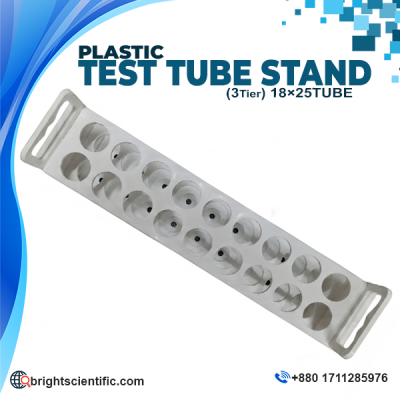 POLYLAB Plastic Test Tube Stand (3 Tier, 18×25 Tube) made from laboratory-grade polypropylene (PP) for securely holding 25 mm test tubes in research, diagnostic, pharmaceutical, and educational laboratories.