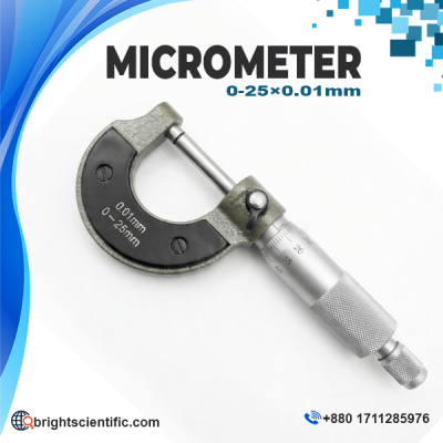 Outside Micrometer/Screw Gauge 0–25 × 0.01mm precision mechanical measuring tool for laboratory and industrial applications.