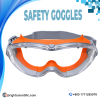 Safety Goggles with clear protective lens, orange frame and adjustable elastic strap